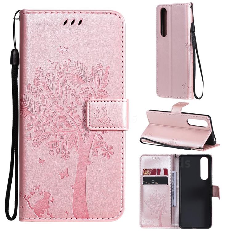 Embossing Butterfly Tree Leather Wallet Case for Sony Xperia 5 III - Rose Pink