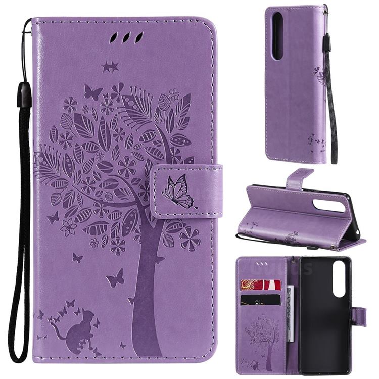 Embossing Butterfly Tree Leather Wallet Case for Sony Xperia 5 III - Violet