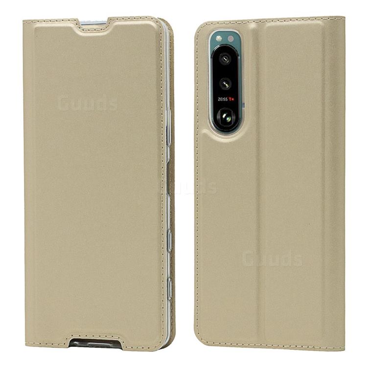 Ultra Slim Card Magnetic Automatic Suction Leather Wallet Case for Sony Xperia 5 III - Champagne