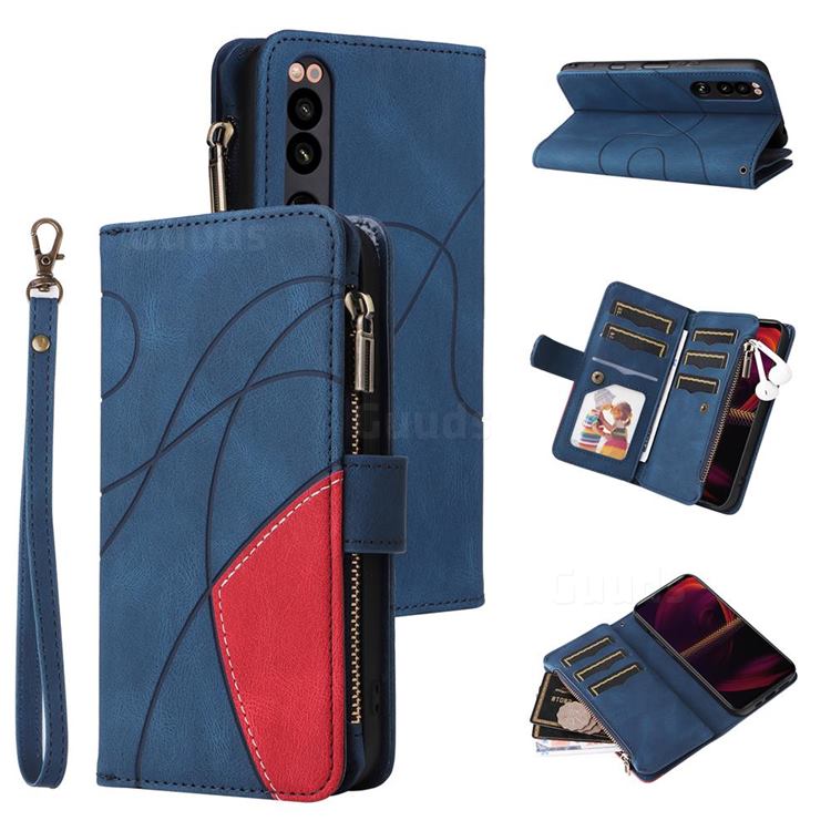 Luxury Two-color Stitching Multi-function Zipper Leather Wallet Case Cover for Sony Xperia 5 III - Blue