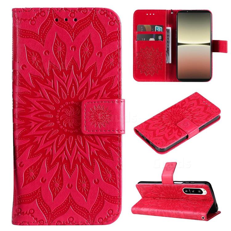 Embossing Sunflower Leather Wallet Case for Sony Xperia 5 IV - Red