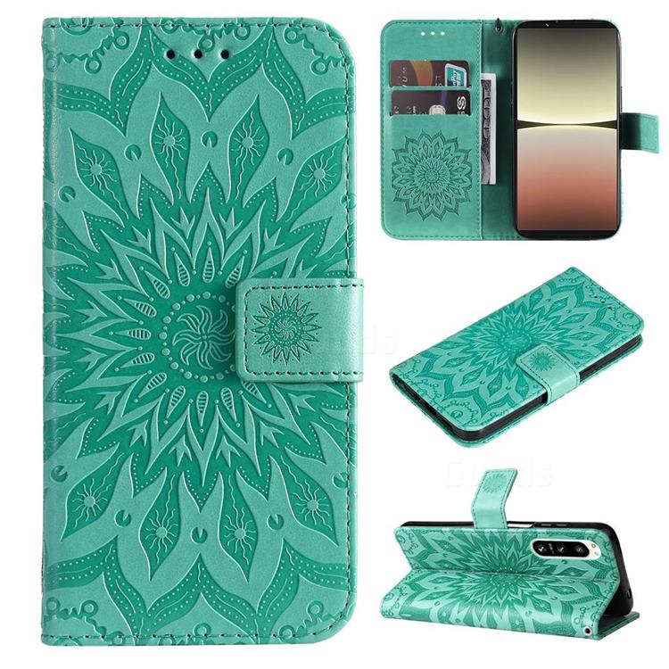 Embossing Sunflower Leather Wallet Case for Sony Xperia 5 IV - Green