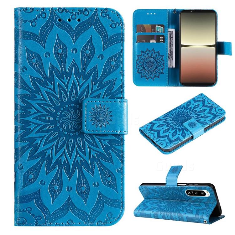Embossing Sunflower Leather Wallet Case for Sony Xperia 5 IV - Blue