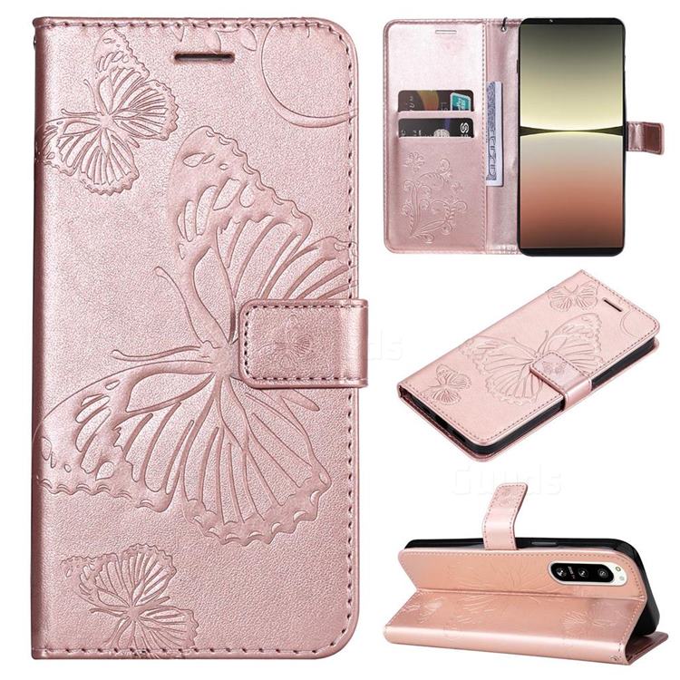 Embossing 3D Butterfly Leather Wallet Case for Sony Xperia 5 IV - Rose Gold