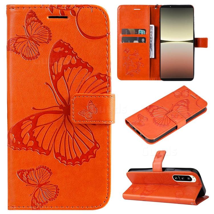Embossing 3D Butterfly Leather Wallet Case for Sony Xperia 5 IV - Orange