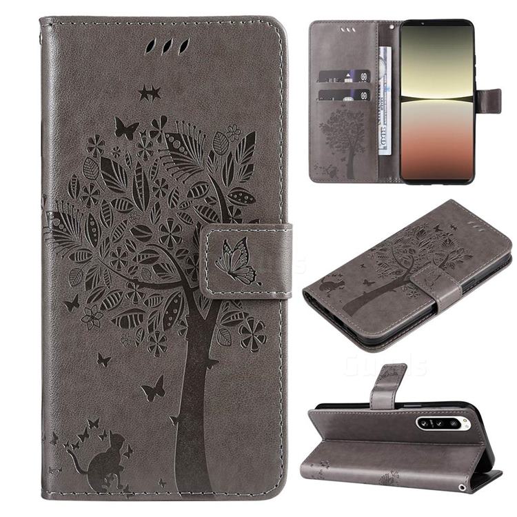 Embossing Butterfly Tree Leather Wallet Case for Sony Xperia 5 IV - Grey