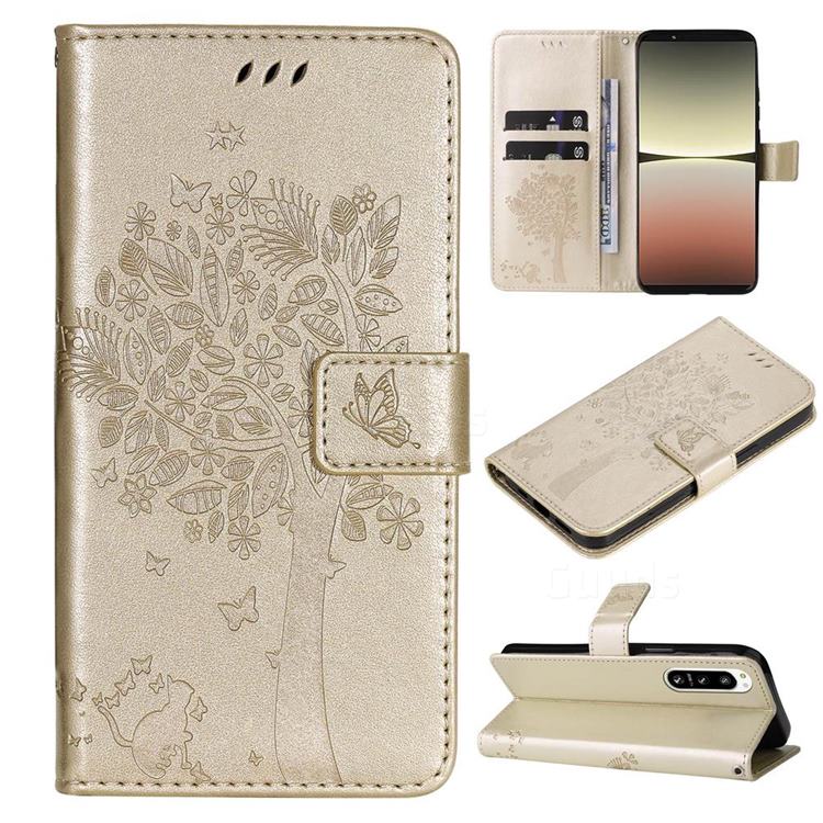 Embossing Butterfly Tree Leather Wallet Case for Sony Xperia 5 IV - Champagne