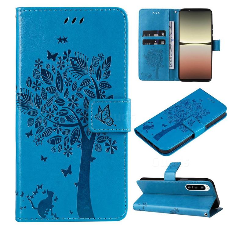 Embossing Butterfly Tree Leather Wallet Case for Sony Xperia 5 IV - Blue