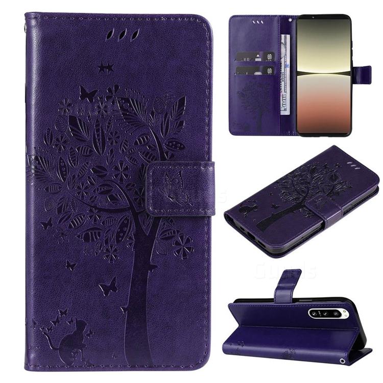 Embossing Butterfly Tree Leather Wallet Case for Sony Xperia 5 IV - Purple