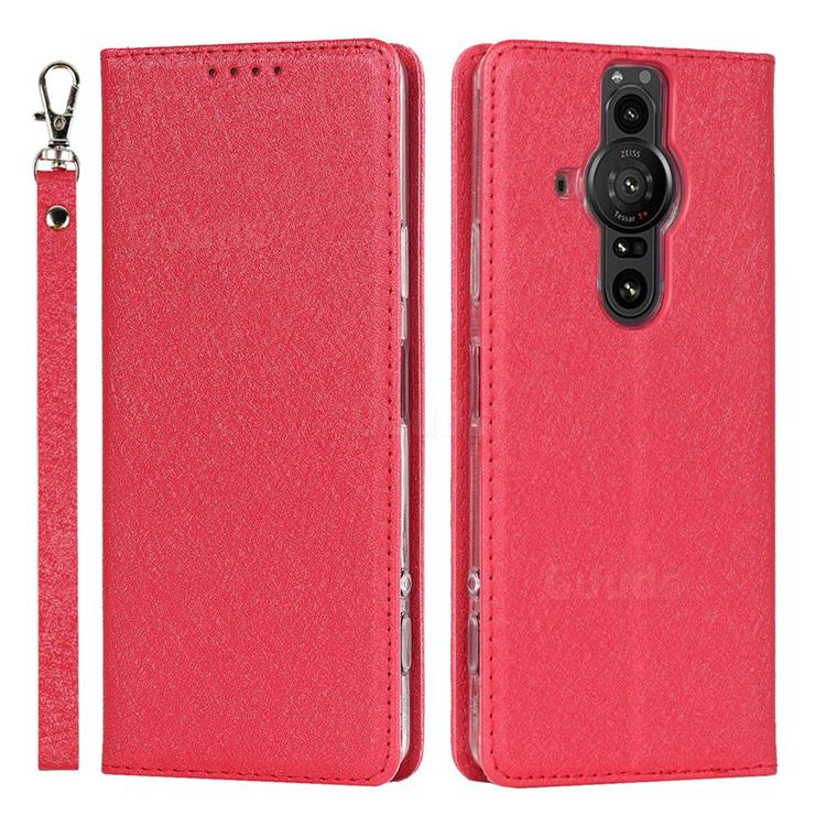 Ultra Slim Magnetic Automatic Suction Silk Lanyard Leather Flip Cover for Sony Xperia Pro-I - Red