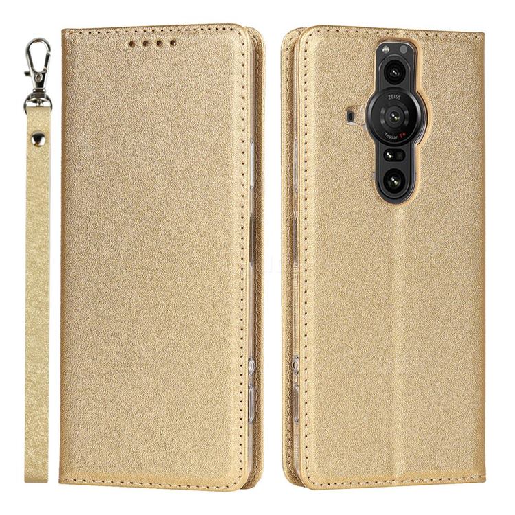 Ultra Slim Magnetic Automatic Suction Silk Lanyard Leather Flip Cover for Sony Xperia Pro-I - Golden