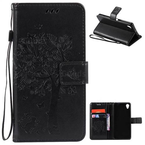Embossing Butterfly Tree Leather Wallet Case for Sony Xperia X / Sony X Dual - Black