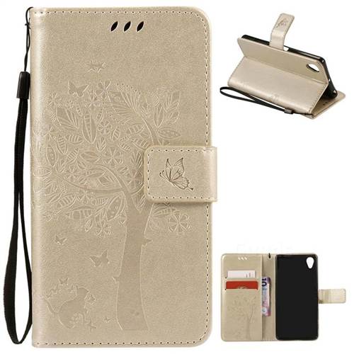 Embossing Butterfly Tree Leather Wallet Case for Sony Xperia X / Sony X Dual - Champagne