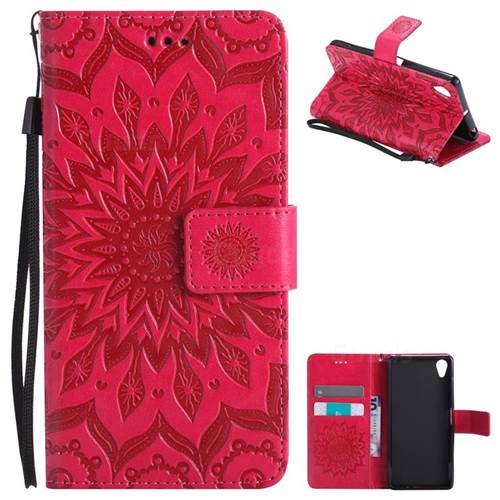 Embossing Sunflower Leather Wallet Case for Sony Xperia X - Red