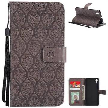 Intricate Embossing Rattan Flower Leather Wallet Case for Sony Xperia X - Grey