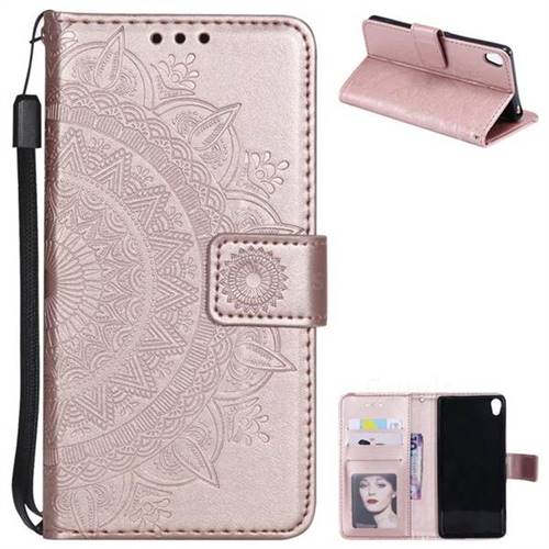 Intricate Embossing Datura Leather Wallet Case for Sony Xperia XA - Rose Gold