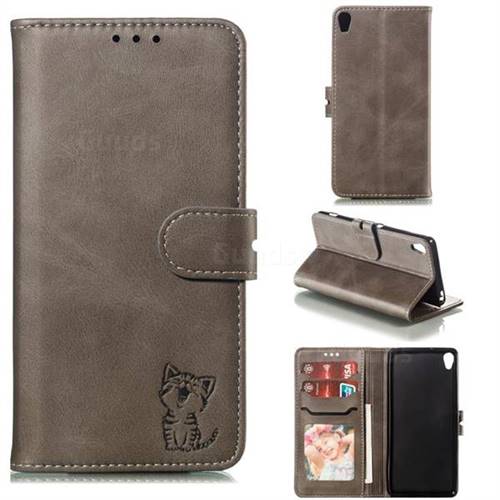 Embossing Happy Cat Leather Wallet Case for Sony Xperia XA - Gray