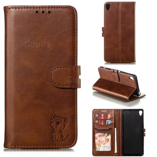 Embossing Happy Cat Leather Wallet Case for Sony Xperia XA - Brown