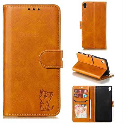 Embossing Happy Cat Leather Wallet Case for Sony Xperia XA - Yellow
