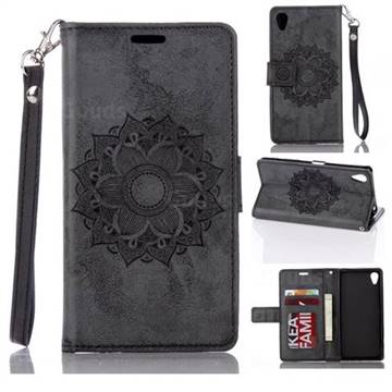 Embossing Retro Matte Mandala Flower Leather Wallet Case for Sony Xperia XA - Black