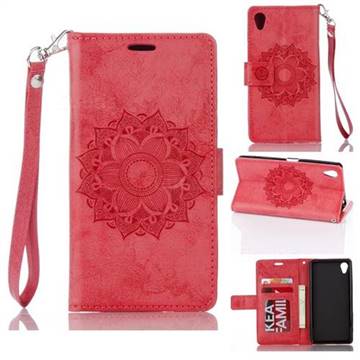 Embossing Retro Matte Mandala Flower Leather Wallet Case for Sony Xperia XA - Red