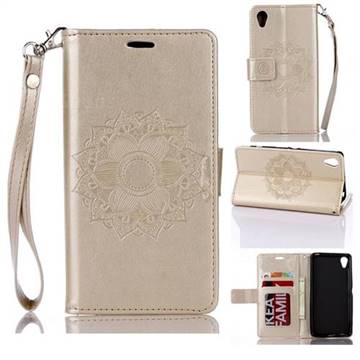 Embossing Retro Matte Mandala Flower Leather Wallet Case for Sony Xperia XA - Golden