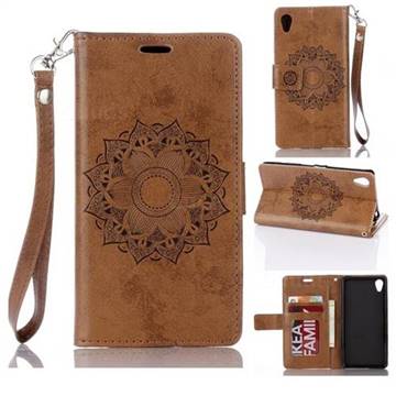 Embossing Retro Matte Mandala Flower Leather Wallet Case for Sony Xperia XA - Brown