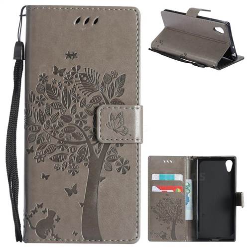 Embossing Butterfly Tree Leather Wallet Case for Sony Xperia XA1 - Grey