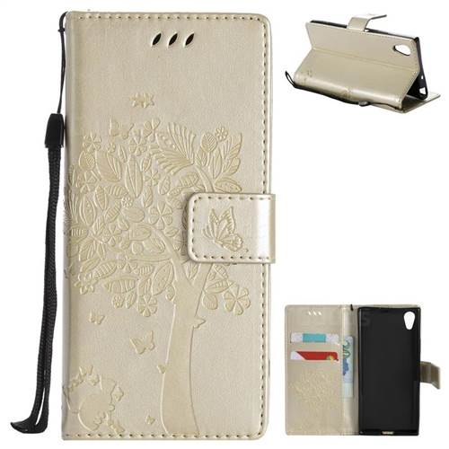 Embossing Butterfly Tree Leather Wallet Case for Sony Xperia XA1 - Champagne