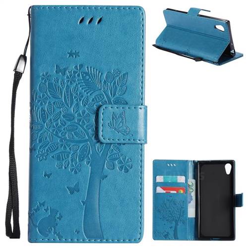 Embossing Butterfly Tree Leather Wallet Case for Sony Xperia XA1 - Blue