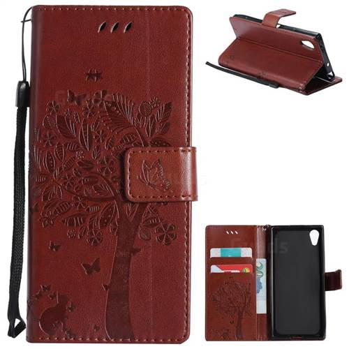 Embossing Butterfly Tree Leather Wallet Case for Sony Xperia XA1 - Brown