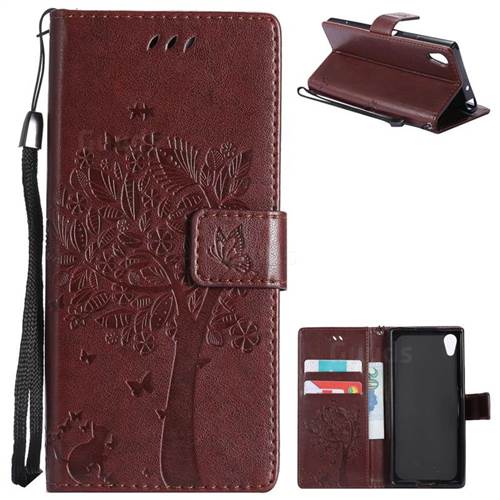 Embossing Butterfly Tree Leather Wallet Case for Sony Xperia XA1 - Coffee