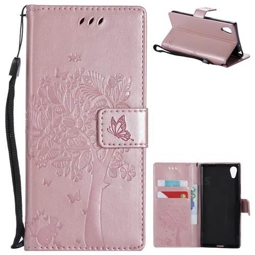Embossing Butterfly Tree Leather Wallet Case for Sony Xperia XA1 - Rose Pink