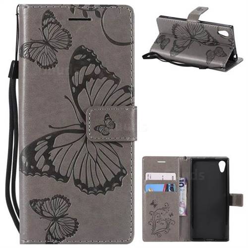 Embossing 3D Butterfly Leather Wallet Case for Sony Xperia XA1 - Gray