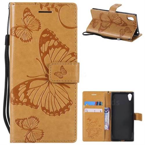 Embossing 3D Butterfly Leather Wallet Case for Sony Xperia XA1 - Yellow