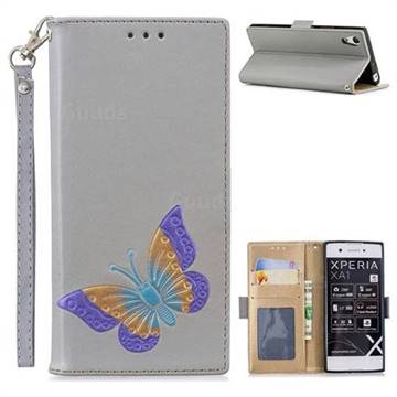 Imprint Embossing Butterfly Leather Wallet Case for Sony Xperia XA1 - Grey
