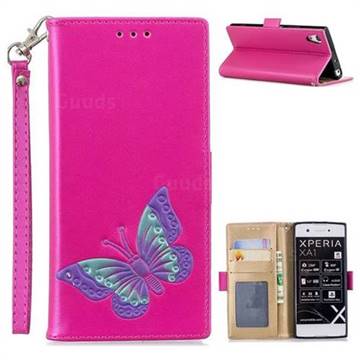 Imprint Embossing Butterfly Leather Wallet Case for Sony Xperia XA1 - Rose Red