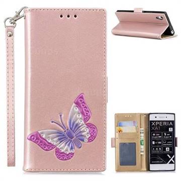 Imprint Embossing Butterfly Leather Wallet Case for Sony Xperia XA1 - Rose Gold