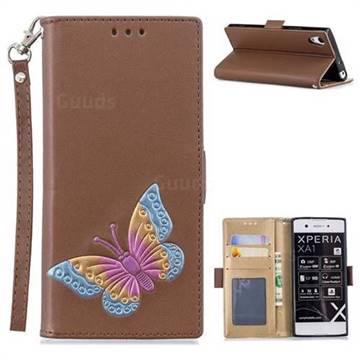 Imprint Embossing Butterfly Leather Wallet Case for Sony Xperia XA1 - Brown