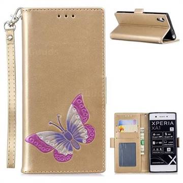 Imprint Embossing Butterfly Leather Wallet Case for Sony Xperia XA1 - Golden