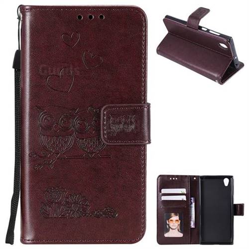 Embossing Owl Couple Flower Leather Wallet Case for Sony Xperia XA1 - Brown