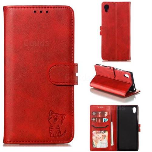 Embossing Happy Cat Leather Wallet Case for Sony Xperia XA1 - Red