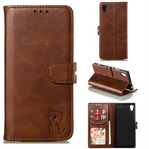 Embossing Happy Cat Leather Wallet Case for Sony Xperia XA1 - Brown