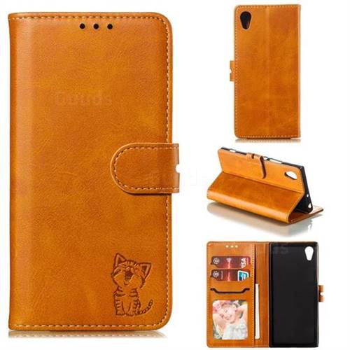 Embossing Happy Cat Leather Wallet Case for Sony Xperia XA1 - Yellow