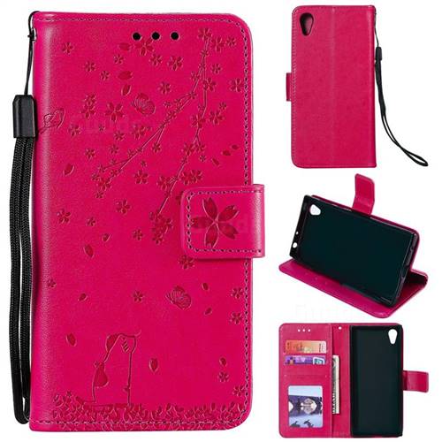 Embossing Cherry Blossom Cat Leather Wallet Case for Sony Xperia XA1 - Rose