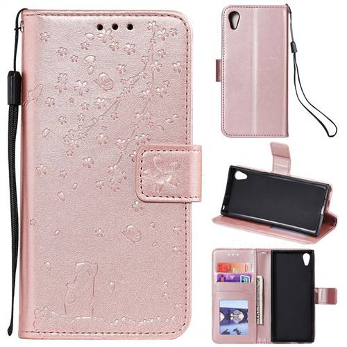 Embossing Cherry Blossom Cat Leather Wallet Case for Sony Xperia XA1 - Rose Gold