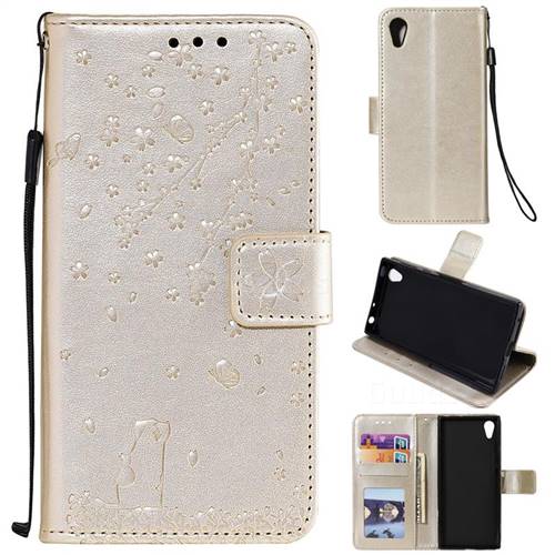 Embossing Cherry Blossom Cat Leather Wallet Case for Sony Xperia XA1 - Golden