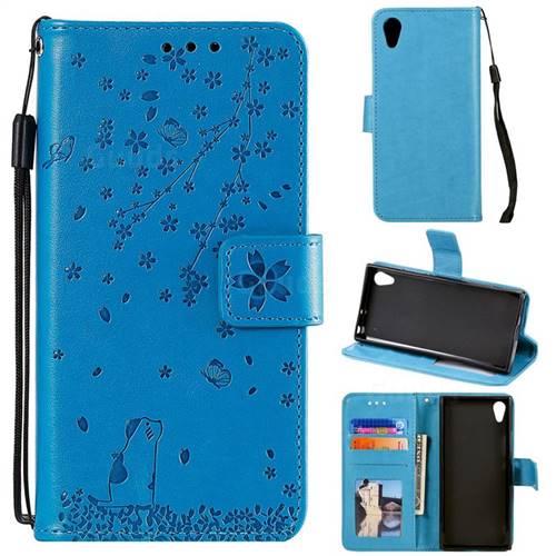 Embossing Cherry Blossom Cat Leather Wallet Case for Sony Xperia XA1 - Blue