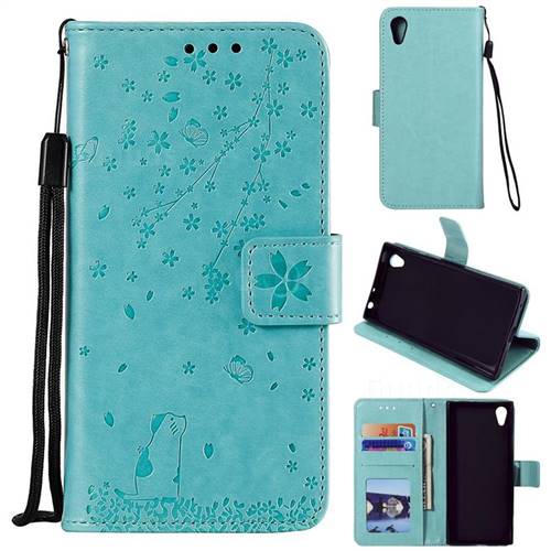 Embossing Cherry Blossom Cat Leather Wallet Case for Sony Xperia XA1 - Green