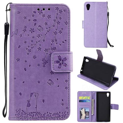 Embossing Cherry Blossom Cat Leather Wallet Case for Sony Xperia XA1 - Purple